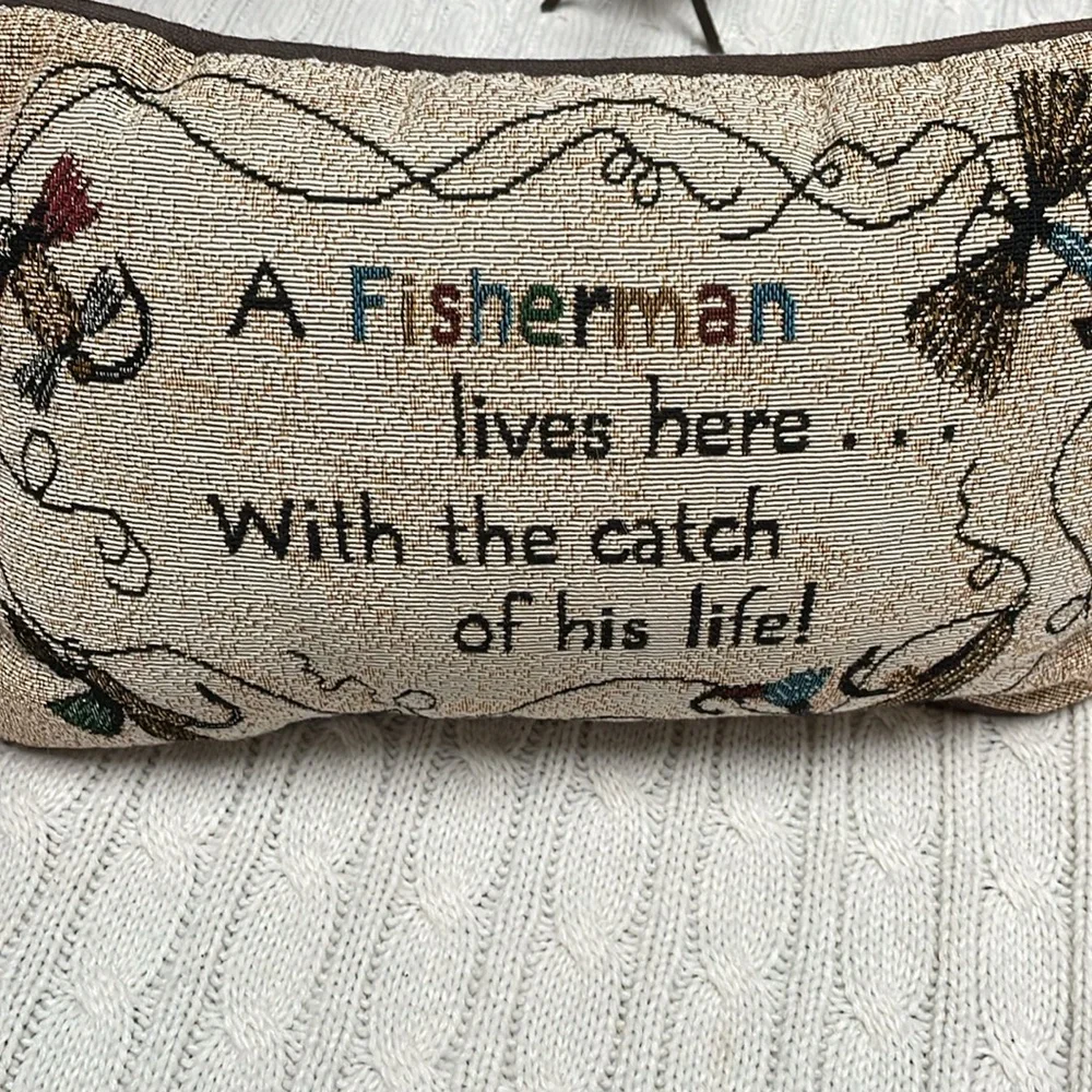 Decorative pillow. Fisherman flies fishing line tapestry black back fabric